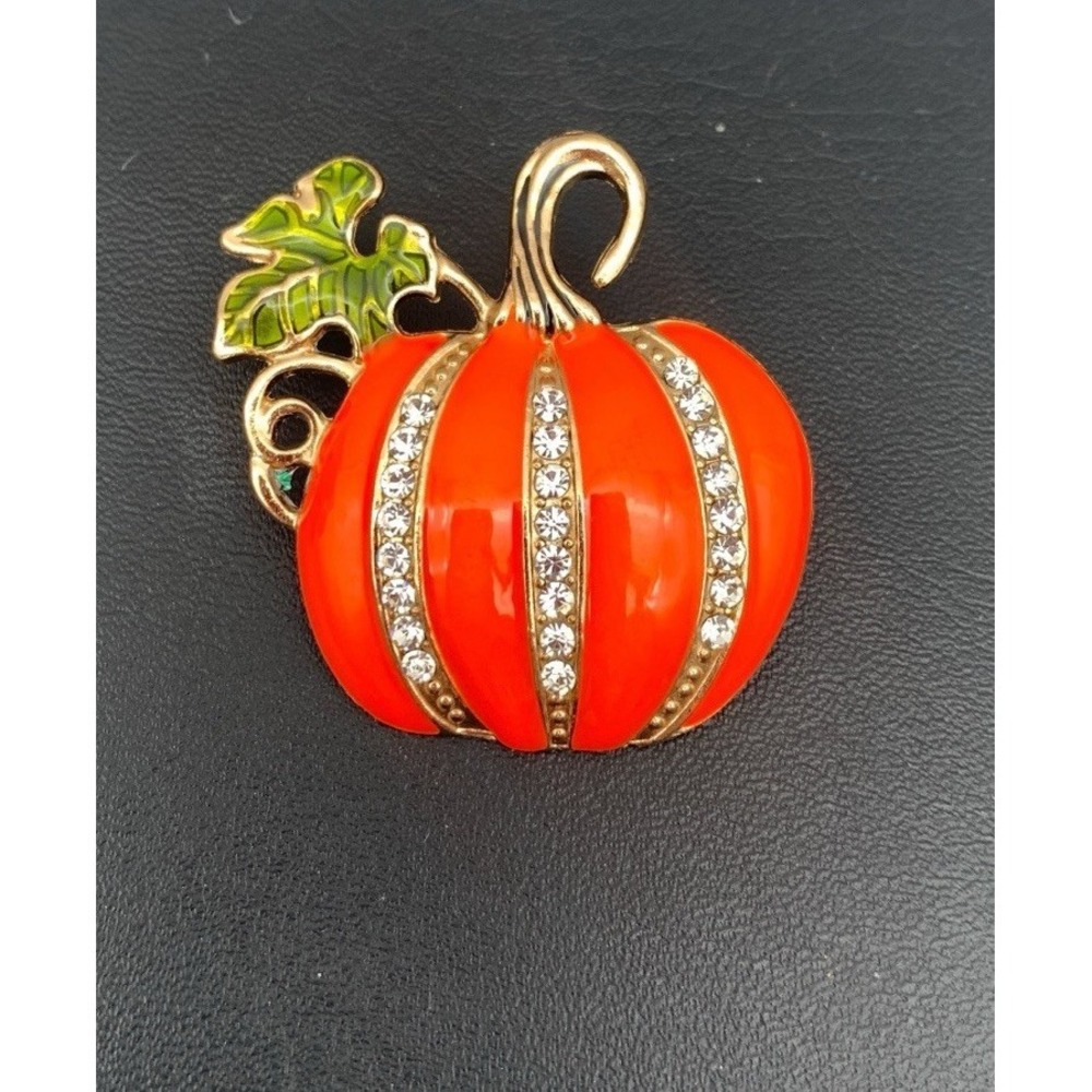 Gold Tone And Yellow And Green Enamel Pumpkin Brooch‎